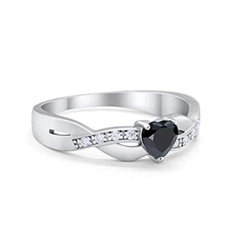 Accent Heart Shape Wedding Ring Simulated Black CZ 925 Sterling Silver